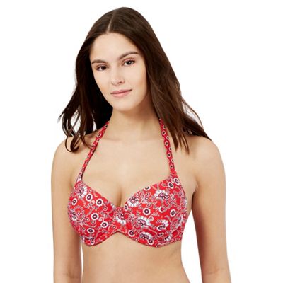 Red floral print underwired bikini top